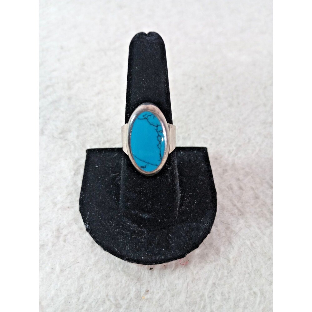 925 Sterling Silver Turquoise Ring Large Oval Wide Band Statement Jewelry Sz8